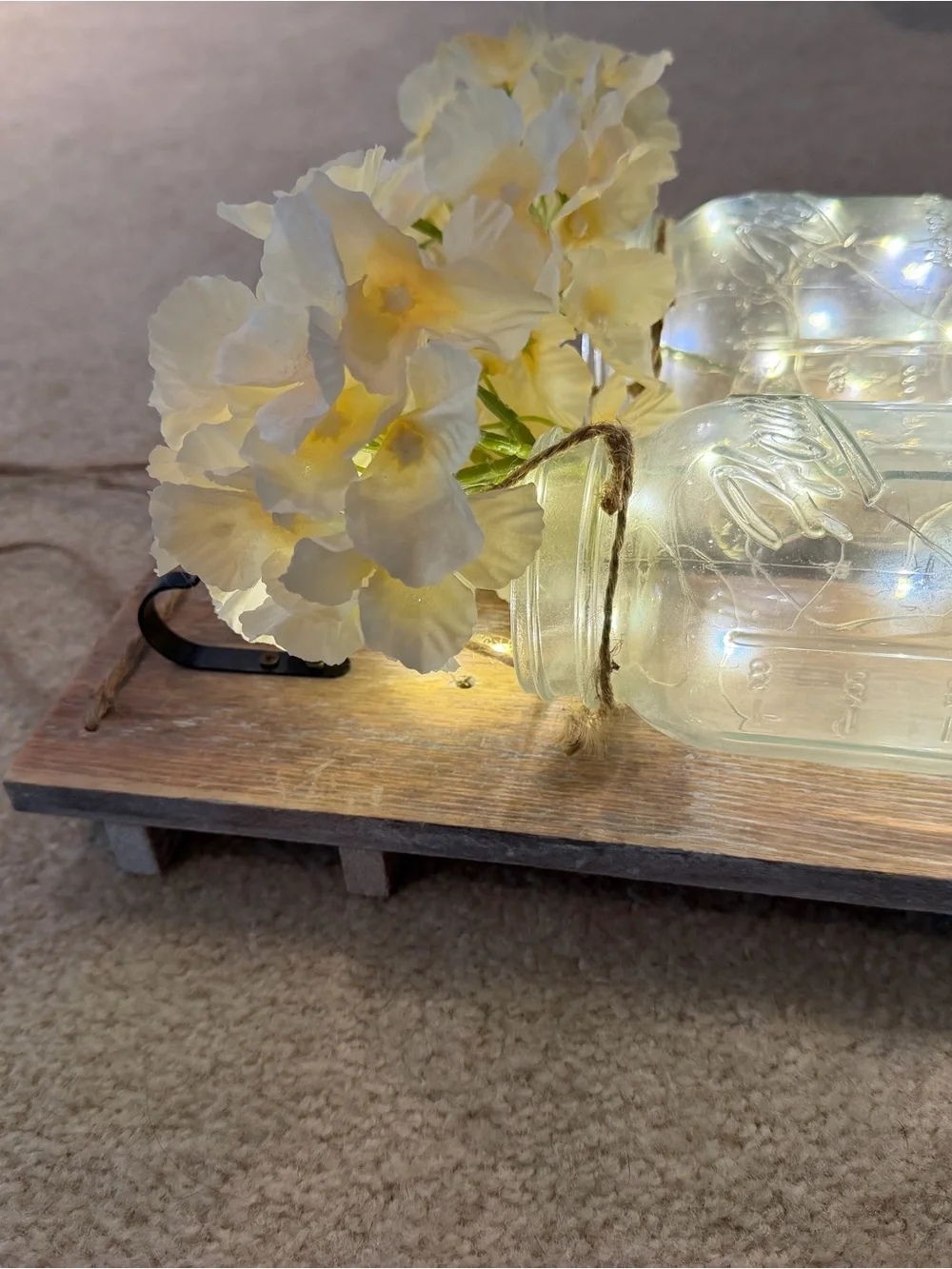 Rustic Mason Jar Wall Sconce with Cream Flowers and LED Lights - Unbranded